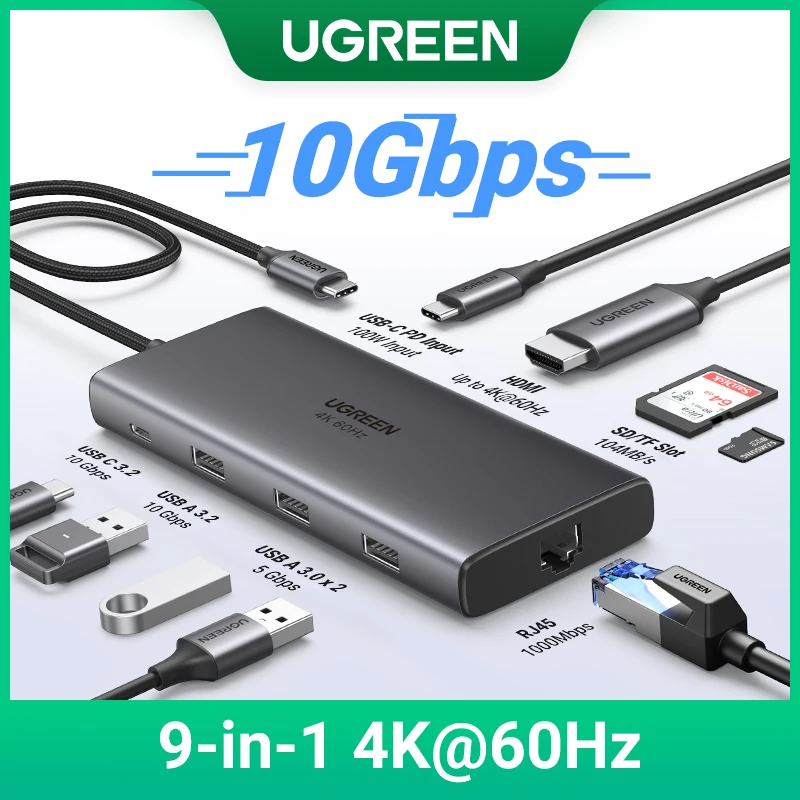 (RU Special) UGREEN Revodok 9-in-1 USB Type-C to 4K HDMI 10Gbps USB C&A 1000Mbps RJ45 PD100W SD&TF USB3.0 5Gbps Pors