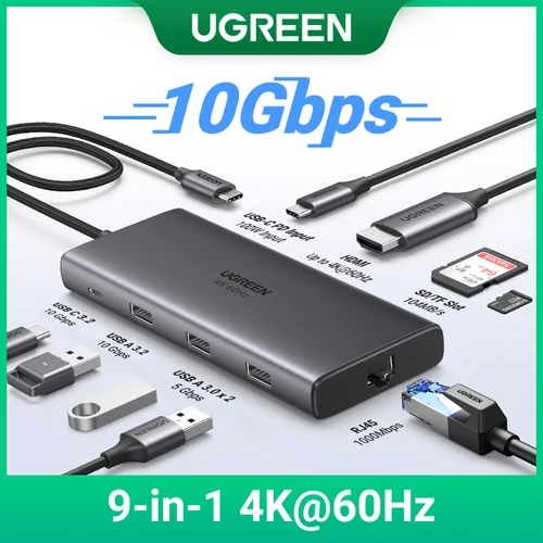 UGREEN-HUB USB 9 en 1 tipo C a 4K60Hz HDMI, 10Gbps, USB C & A, 1000Mbps, RJ45, PD100W, SD y TF para accesorios de ordenador portátil, MacBook Pro, Dell HP