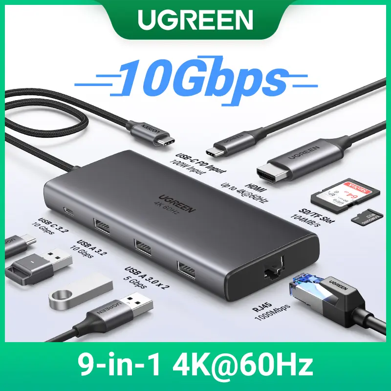 UGREEN USB-C HUB 9-in-1 Type-C to 4K60Hz HDMI 10Gbps Data 1000Mbps RJ45 PD100W SD&TF for Laptop Accessories MacBook DELL iPad HP