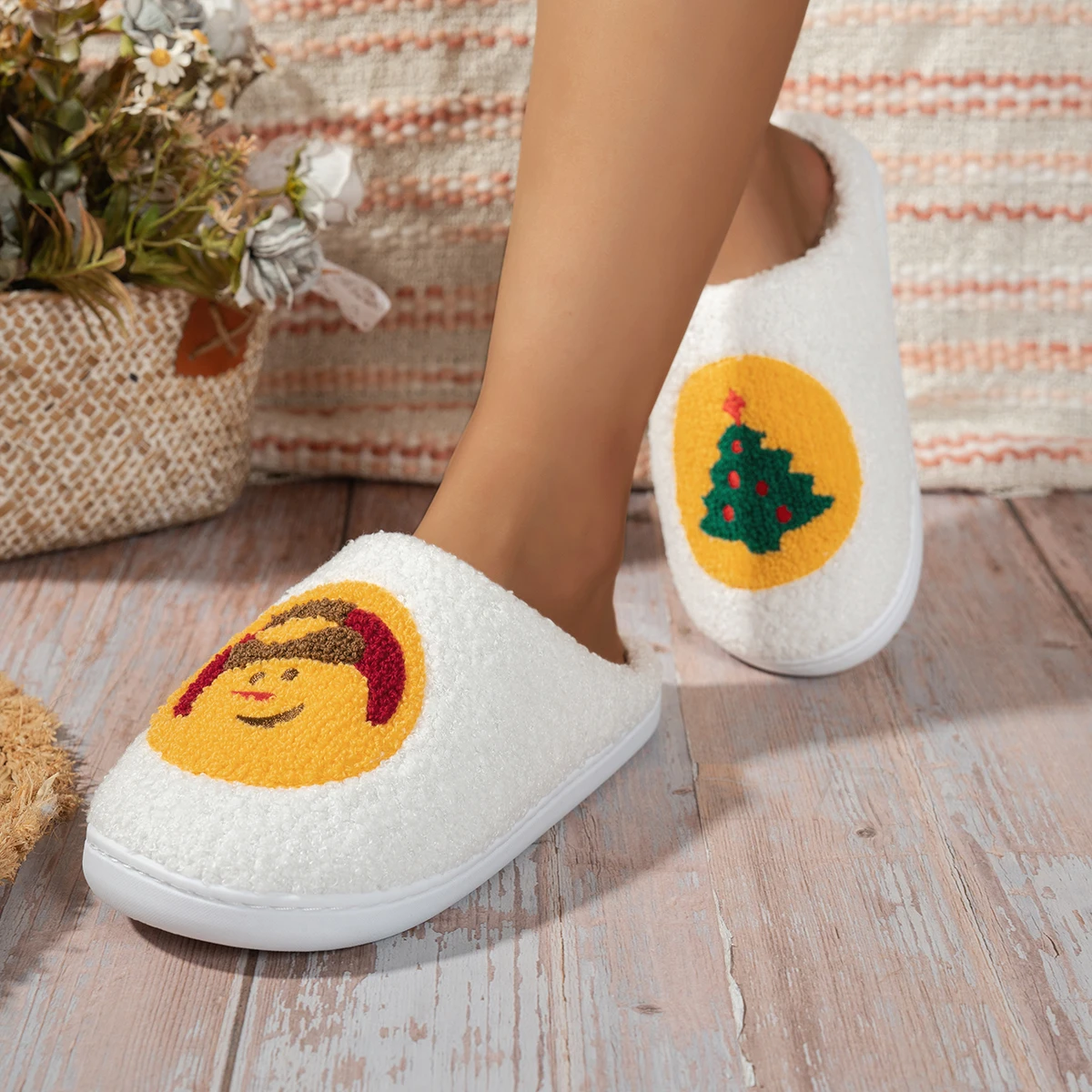 Festival Christmas Cartoon Cookie Tree Women's Slippers Winter Indoor Fuzzy Soft Sole Anti-slip Couple Home Shoes for Gift