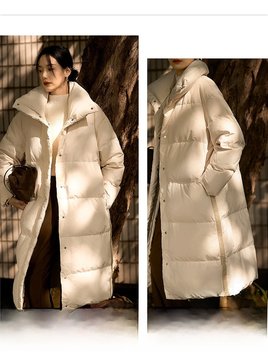 

Пальто-пуховик XiaoHanGe с длинным рукавом, с отделкой из натуральной кожи, на пуговицах, с воротником-стойкой, теплый, с наполнителем из полиэфирного волокна