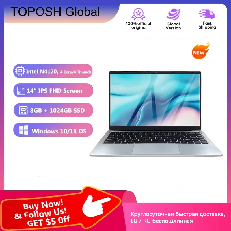 TOPOSH Home Laptop Intel N4120 4 Core 14 Inch 8GB RAM 512GB 1TB SSD Lightweight Student Computer Portable PC Notebook FHD