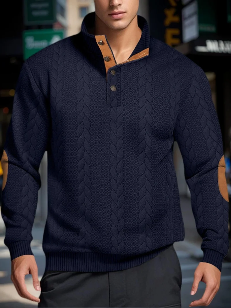 Suéteres de punto Jacquard para hombre, suéteres cálidos con cuello levantado y botones, sudadera informal de manga larga para exteriores