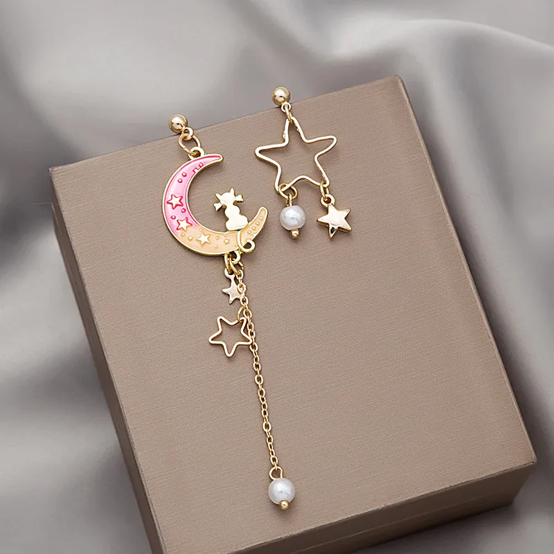 Korean Exquisite Stars Moon Dangle Earrings For Women Cute Kitten Rabbit Flowers Asymmetric Tassel Earring Girls Wedding Jewelry