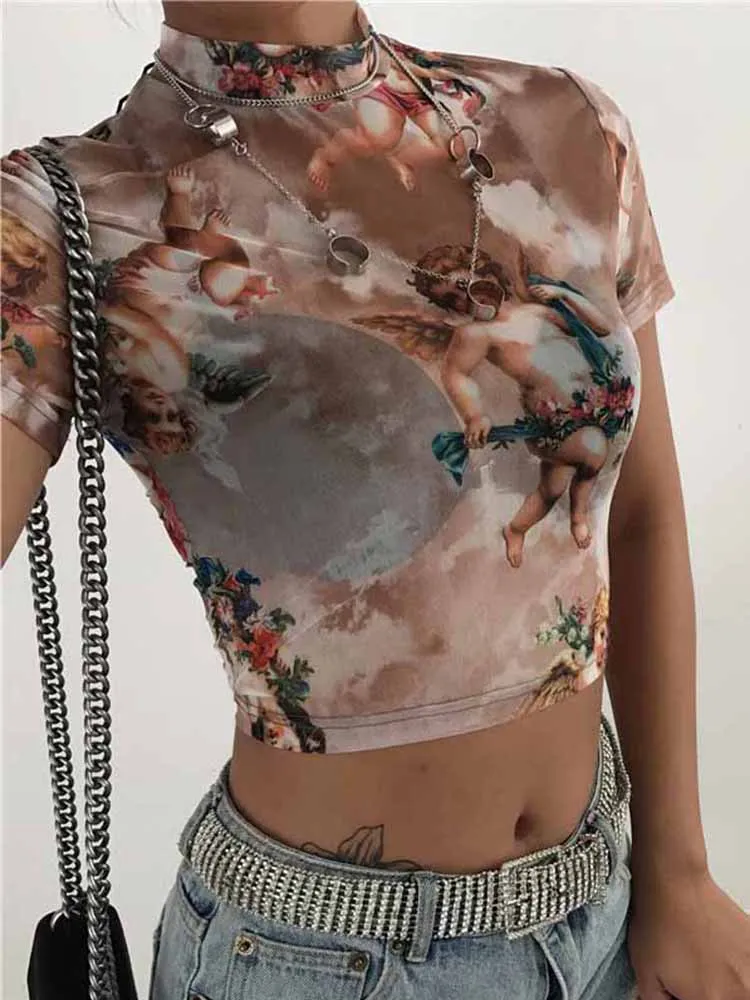 Angel Print Mesh Sexy T Shirt Crop Top High Neck Short Sleeve Graphic Tees Women Streetwear Harajuku Shirts Hot Sale