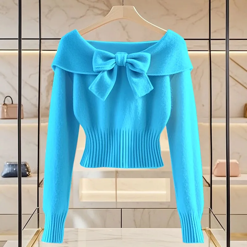 2024 Autumn New Bow Sweet Knitted Top Women\'s Unique Chic Soft Slim Fit Cropped Long-sleeved Lady Sweater Pullover