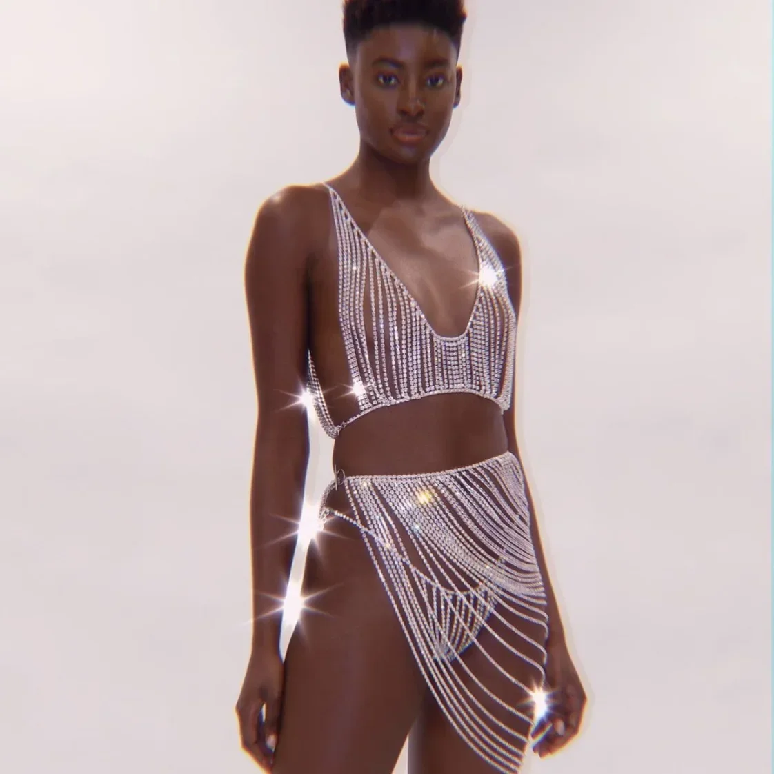 

Fashion tassel, rhinestone, sexy body chain, women's bikini, nightclub bra, thong, short skirt, accessory chain