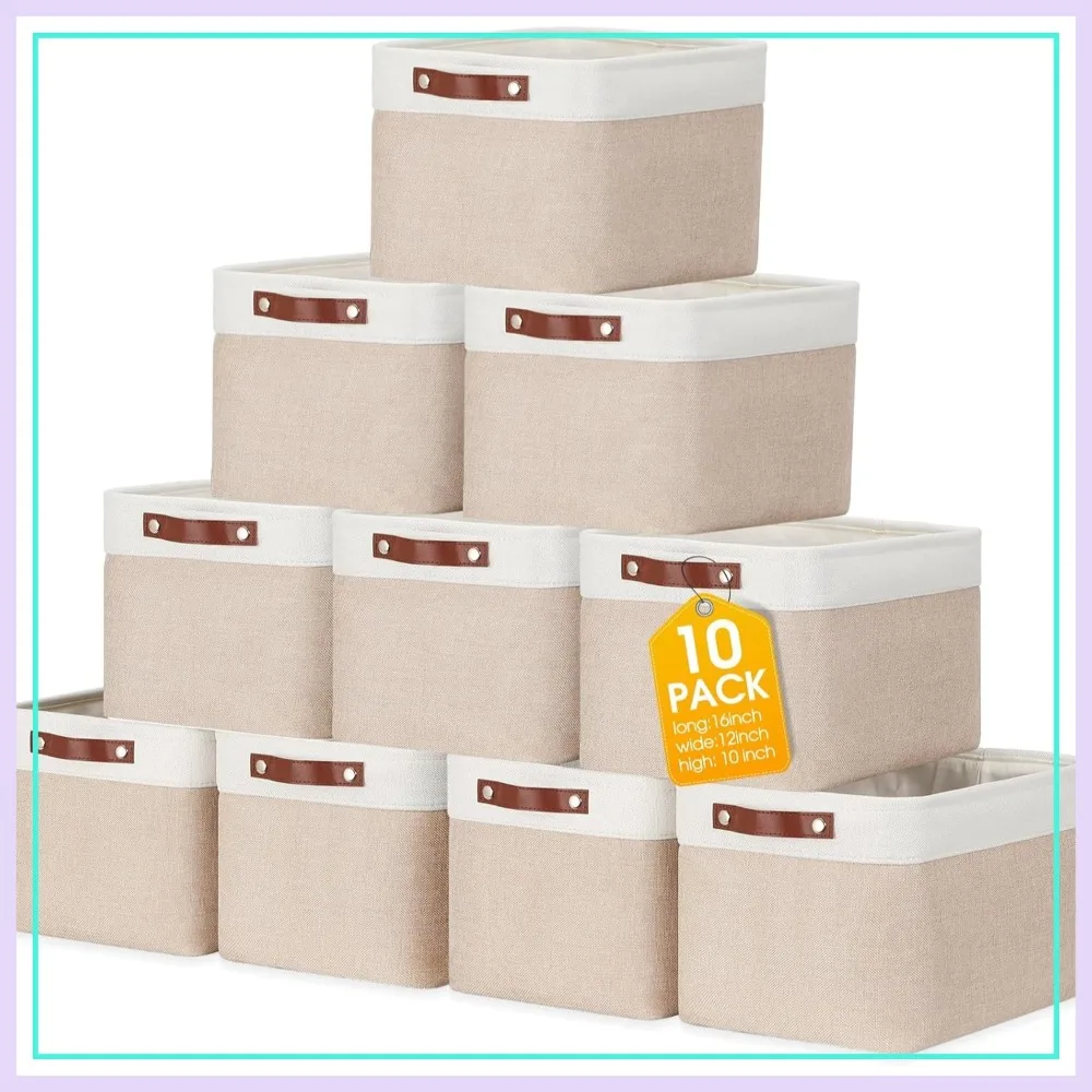 

10 Pcs Collapsible Fabric Storage Bins with Handles, Beige and White, 16x12x10 Inch