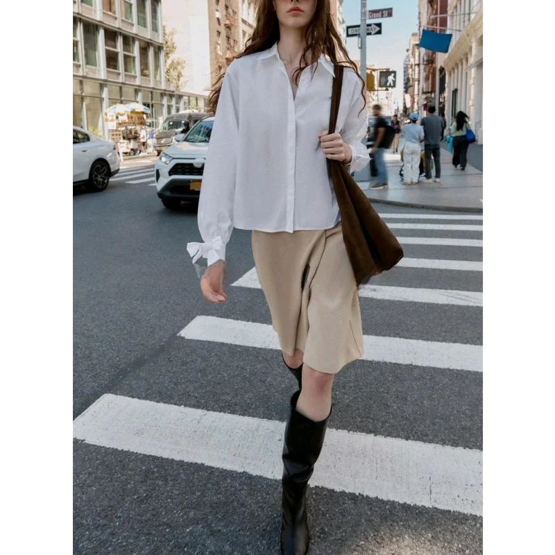 Damska bluzka jesienna, luźna, długa, z węzłem, ozdobna, antung irt, codzienna, wygodna, oddychająca, bawełniana...