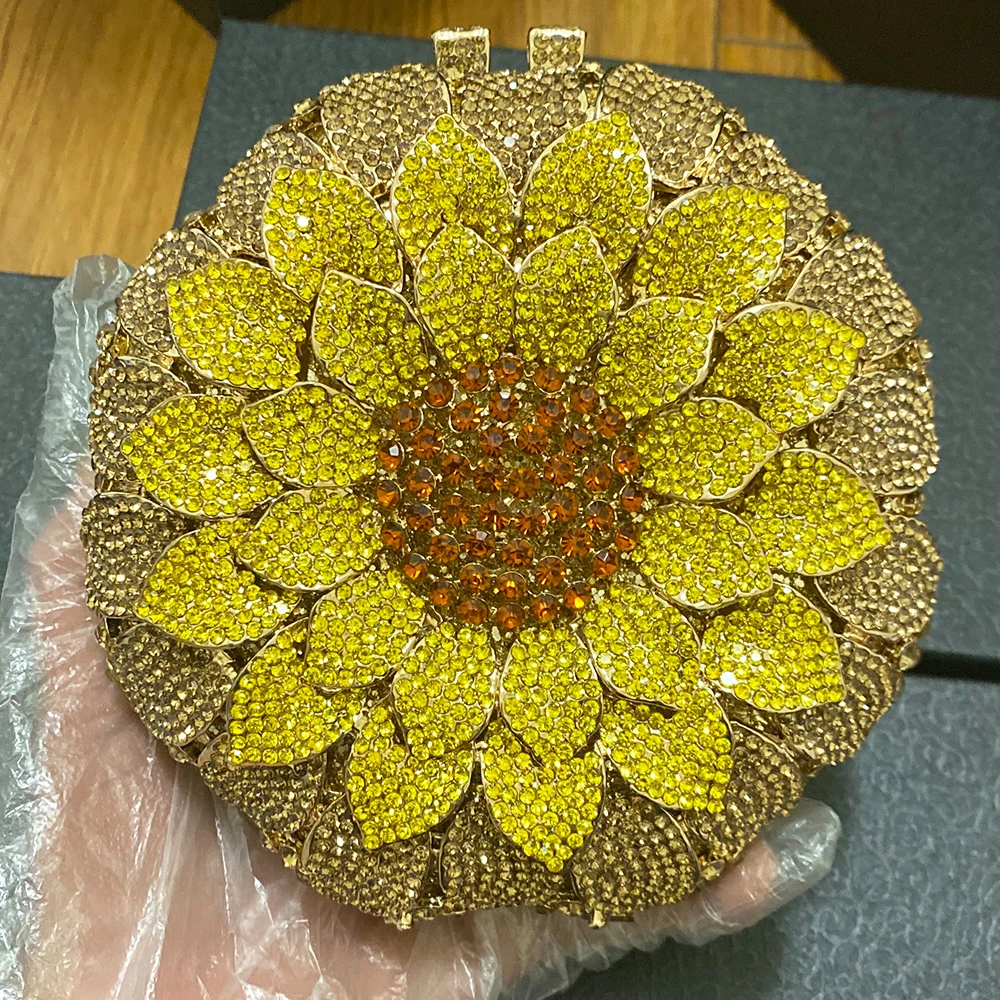 Gold/Yellow Sunflower Clutch Crystal Round Evening Bags Women Wedding Purse Bridal Bags Party Dazzling Diamond Handbags Minaudie