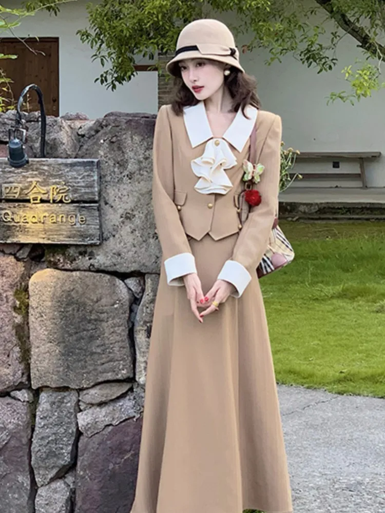 French Women Autumn 2 Pieces Set Elegant Long Sleeve Blazer Bow Top Casual A-line Midi Skirt 2023 Spring Solid Lady Clothes