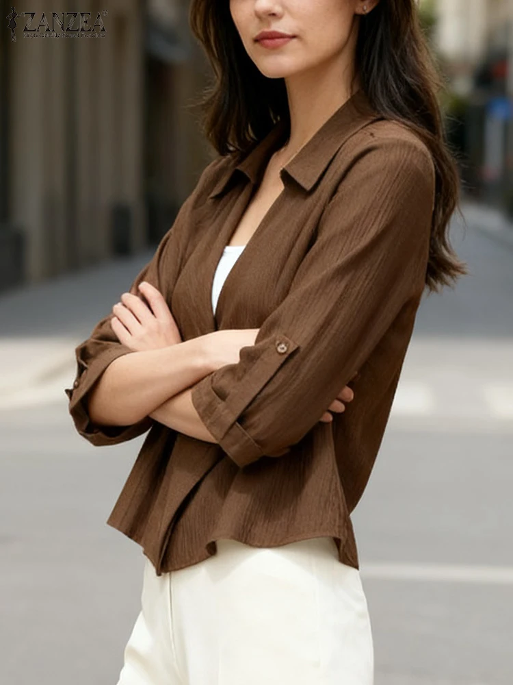 

ZANZEA модные плащи 2025 женские осенние однотонные повседневные куртки с рукавами 3/4 и лацканами с открытой строчкой уличная одежда свободные верхние пальто OL