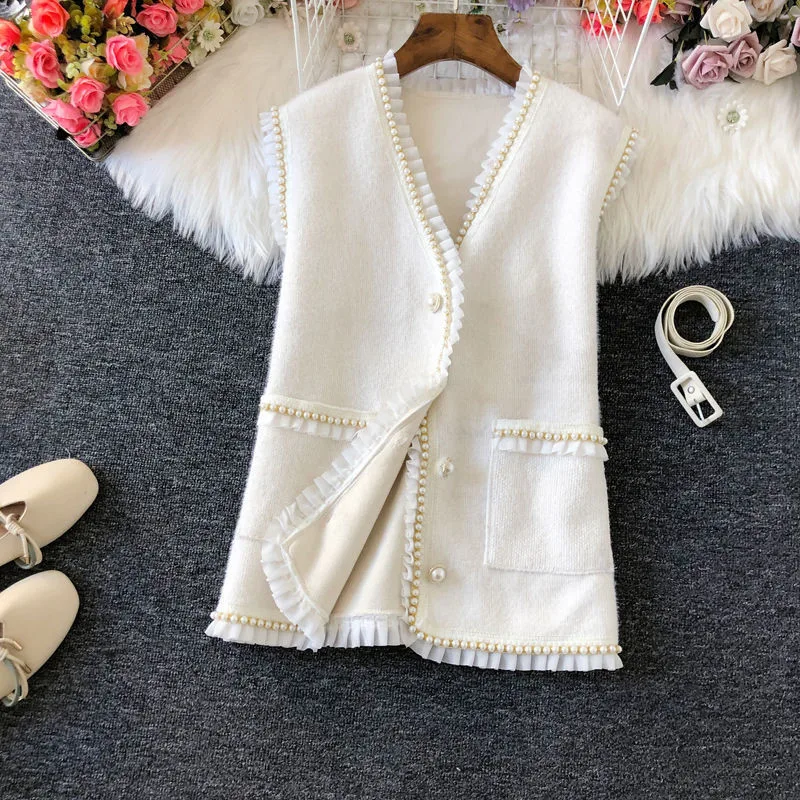 Vintage Woolen Sweater Vest Jacket Women Spring Elegant V-Neck Sleeveless Waistcoats Korean Casual Bead With Belt Chic Outerwear