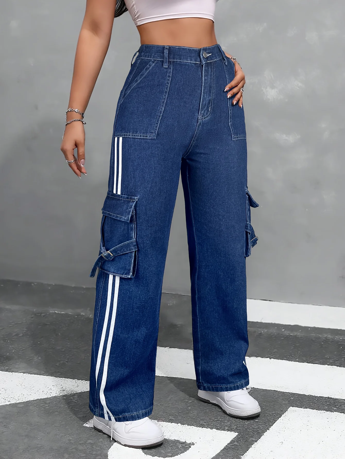 

Женские джинсы-карго с высокой посадкой в стиле Y2K и Kpop — полосатые боковые карманы, темно-синие джинсовые брюки-карго с несколькими карманами Женские джинсы