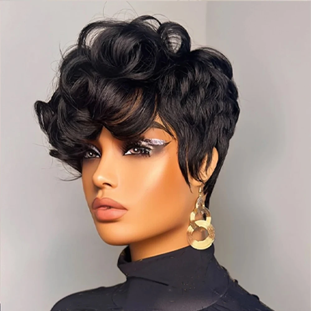 Black Short Curly Pixie Wigs Human Hair 100% Natural Realistic Full Machine Made For Women Bouncy Curl Style Trendy Daily