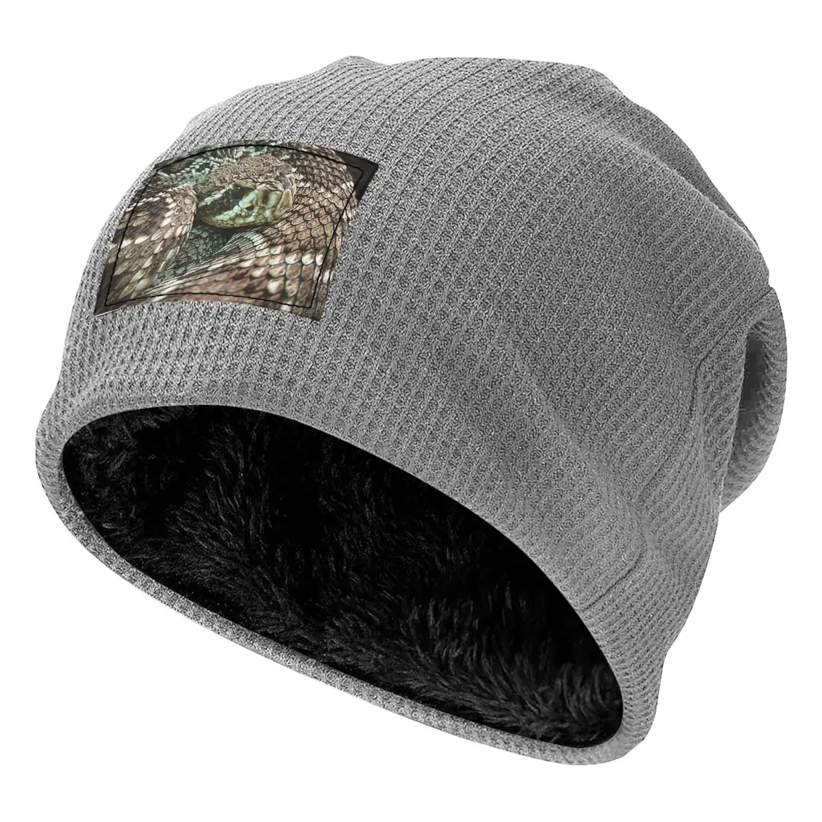 Snake, Coiled Diamondback Rattlesnake Waffle Knit Fleece Lined Beanie with PU Leather Patch Unisex Warm Winter Soft Cap