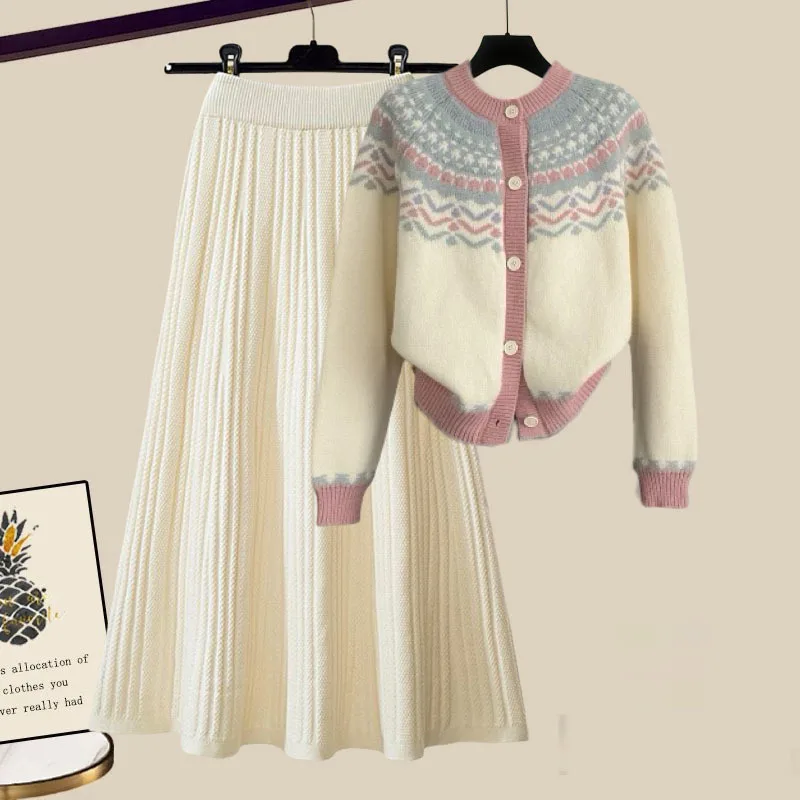 Winter Knitted Skirts Sets For Women Clothing 2024 Korean Sweet Vintage Patchwork Single Breasted Sweater Cardigan+skirt 2 Pcs