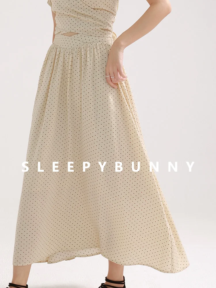 Women Polka Dot V-Neck Puff Sleeve Blouse & High Waist Midi Skirt Set Elegant Summer French Style Two Piece Outfit for Vacation
