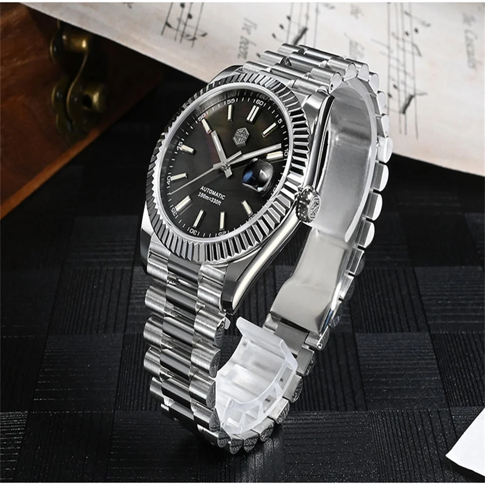 San Martin Men Watch 40mm Vintage MOP Dial Retro Business Luxury Sapphire PT5000 Automatic Mechanical Carving Fluted Bezel 10Bar