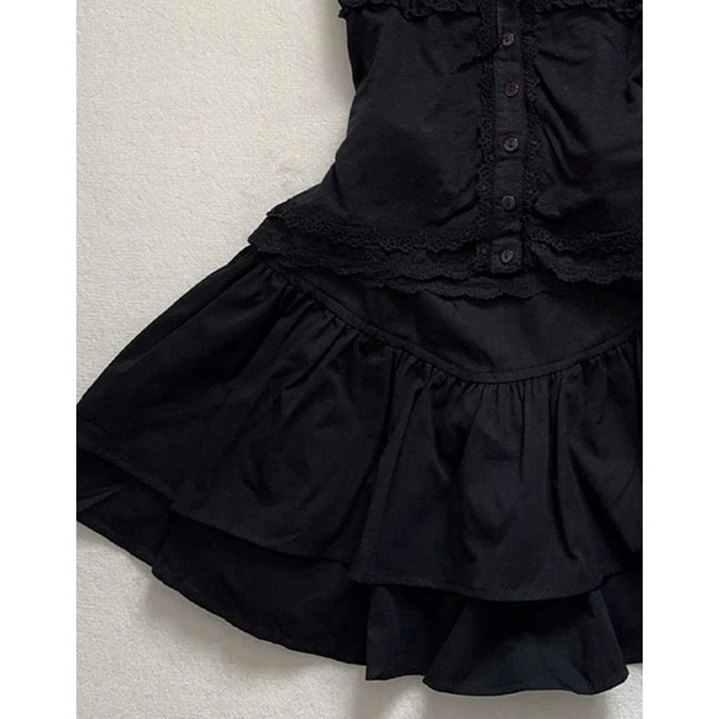 مجموعة تنورة صغيرة كلاسيكية داكنة مكونة من قطعتين: بلوزة نحيفة بأكمام قصيرة وصدر واحد + تنورة ذات طبقات على طراز Jk Preppy مكونة من قطعتين