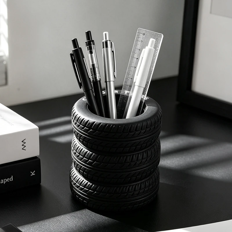 Vintage Industrial 3-Tier Tire Resin Pen Holder Desktop Organizer Pencil Storage Pot Back to School Home Office Decor Gift