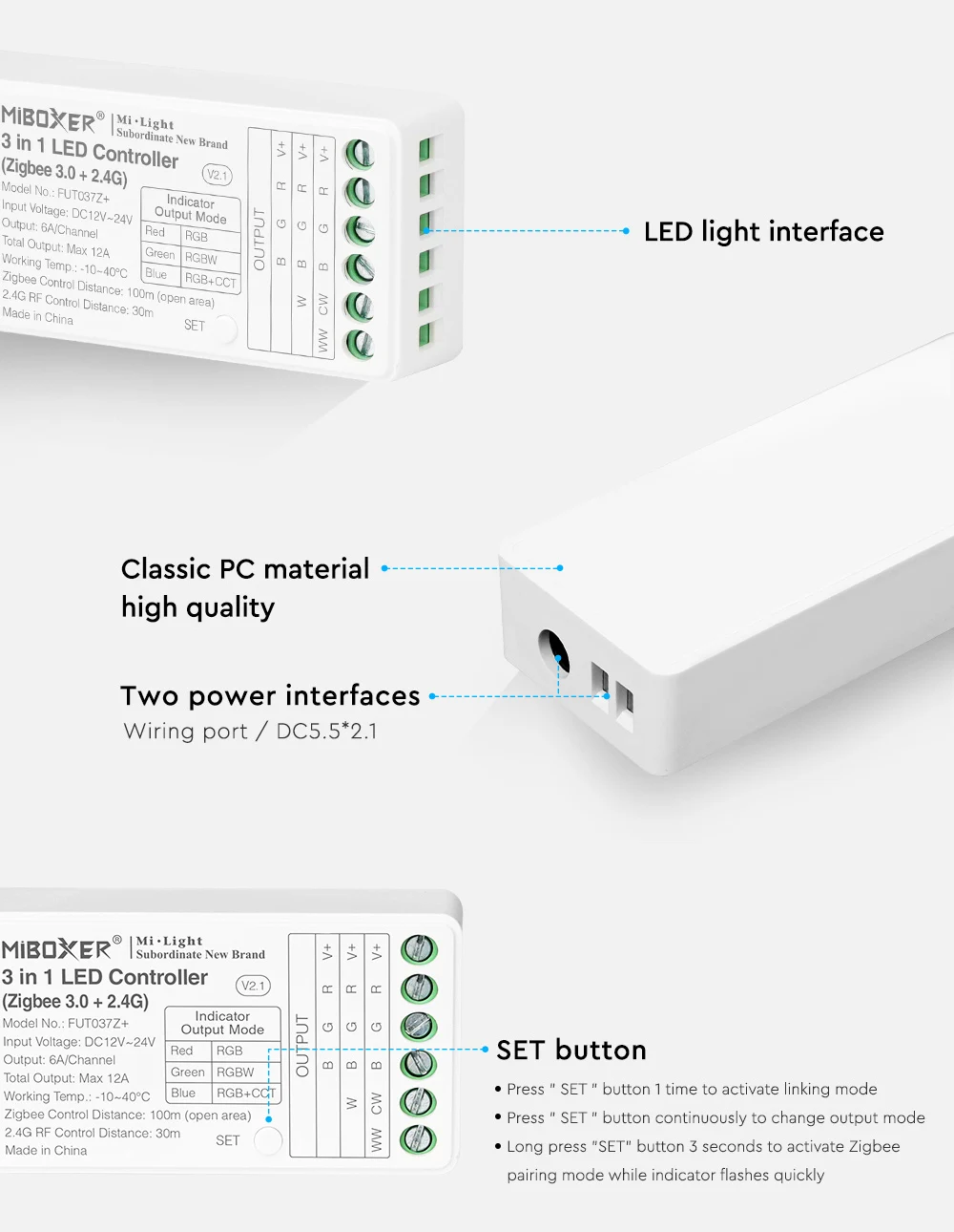 2.4G RF Led Strip Controller DC12-24V FUT035Z+2in1/FUT037Z+3in1+Zigbee 3.0 For Single Color Dual White RGB RGBW RGB+CCT LED Lamp