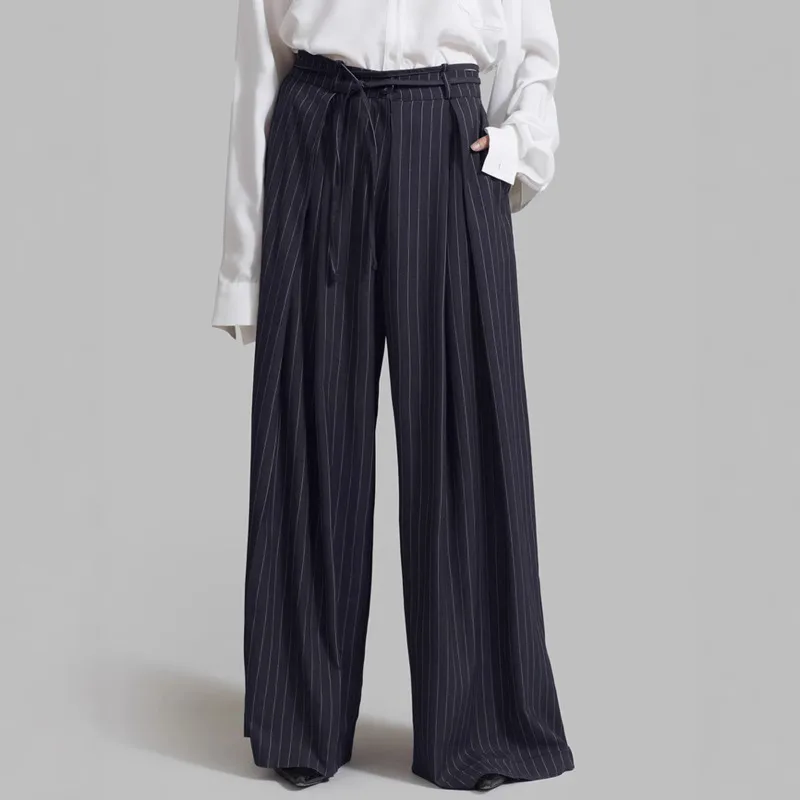 EAEOVNI Striped Fashion Loose Long Pants For Women Lace-up Waist Casual Wide Leg Trousers Office Lady 2025 Spring New 1A296