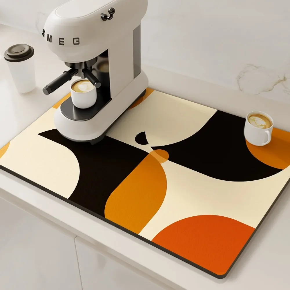 Kitchen Dish Mat Mid Century Modern Theme Abstract Geometric Layout Matte Grained Texture Non Slip Pad For Bar Table