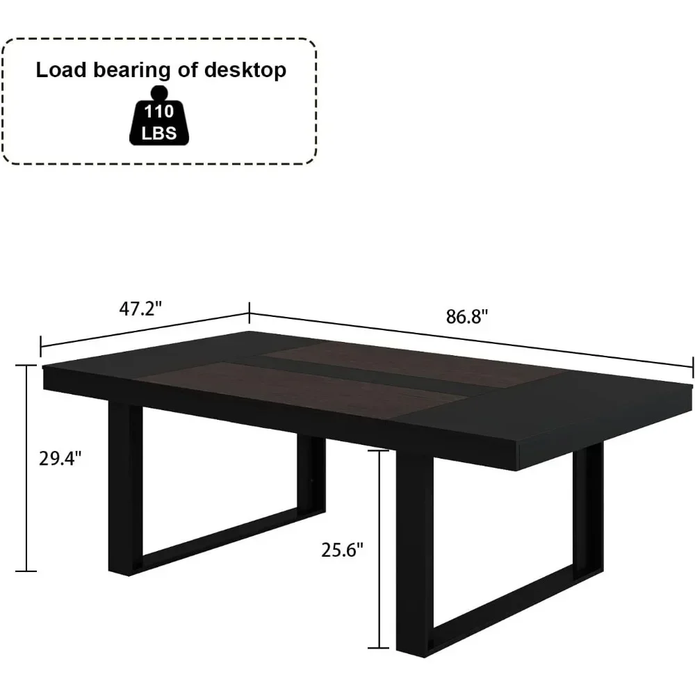 8-10 people, 86.6-inch rectangular wooden dining table with thickened tabletop, brown and black