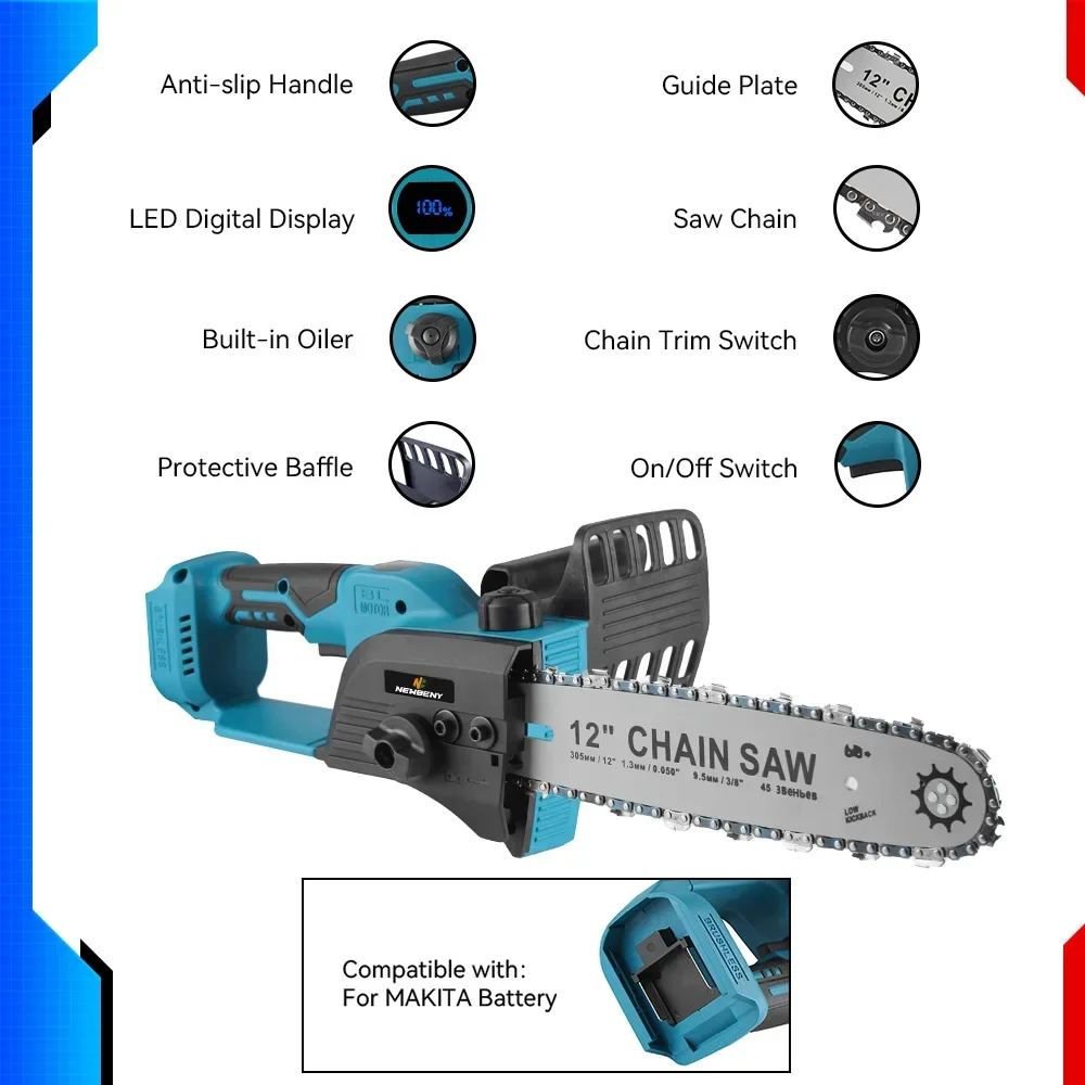Yofidra 12'' 2000W Brushless Electric Saw Cordless Woodworking Garden Cutting Logging Machine Power Tools For Makita 18V Battery