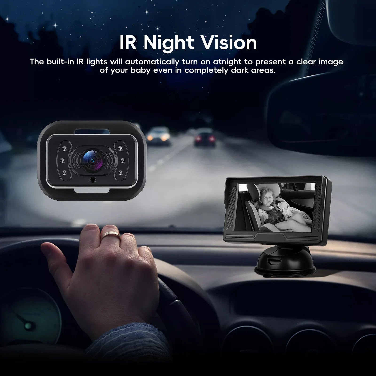 Monitor per bambini con schermo IPS da 4,3 pollici, da fissare al poggiatesta, dotato di telecamera, obiettivo grandangolare, visione orizzontale a 90 gradi, visione notturna, luminosità regolabile e