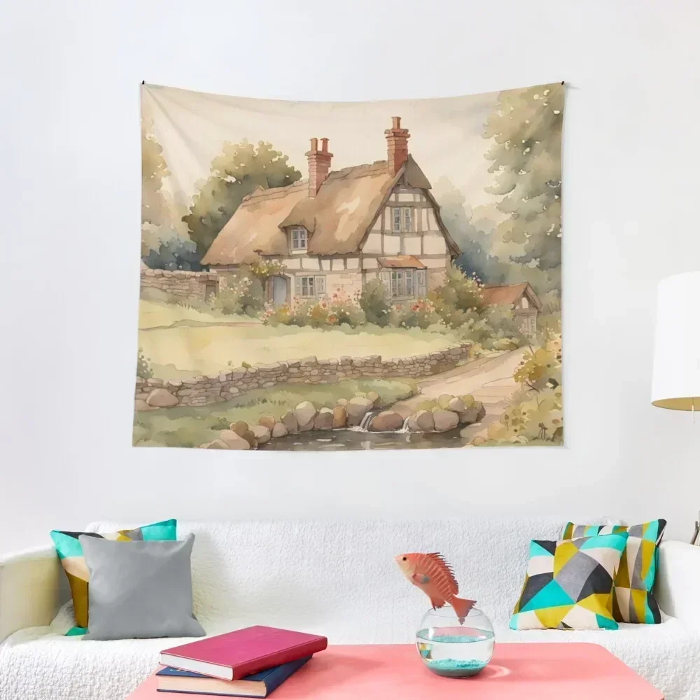 Traditional Old English Medieval Cottage in Summer Watercolor Tapestry Funny Wall Hanging Wall Tapestry