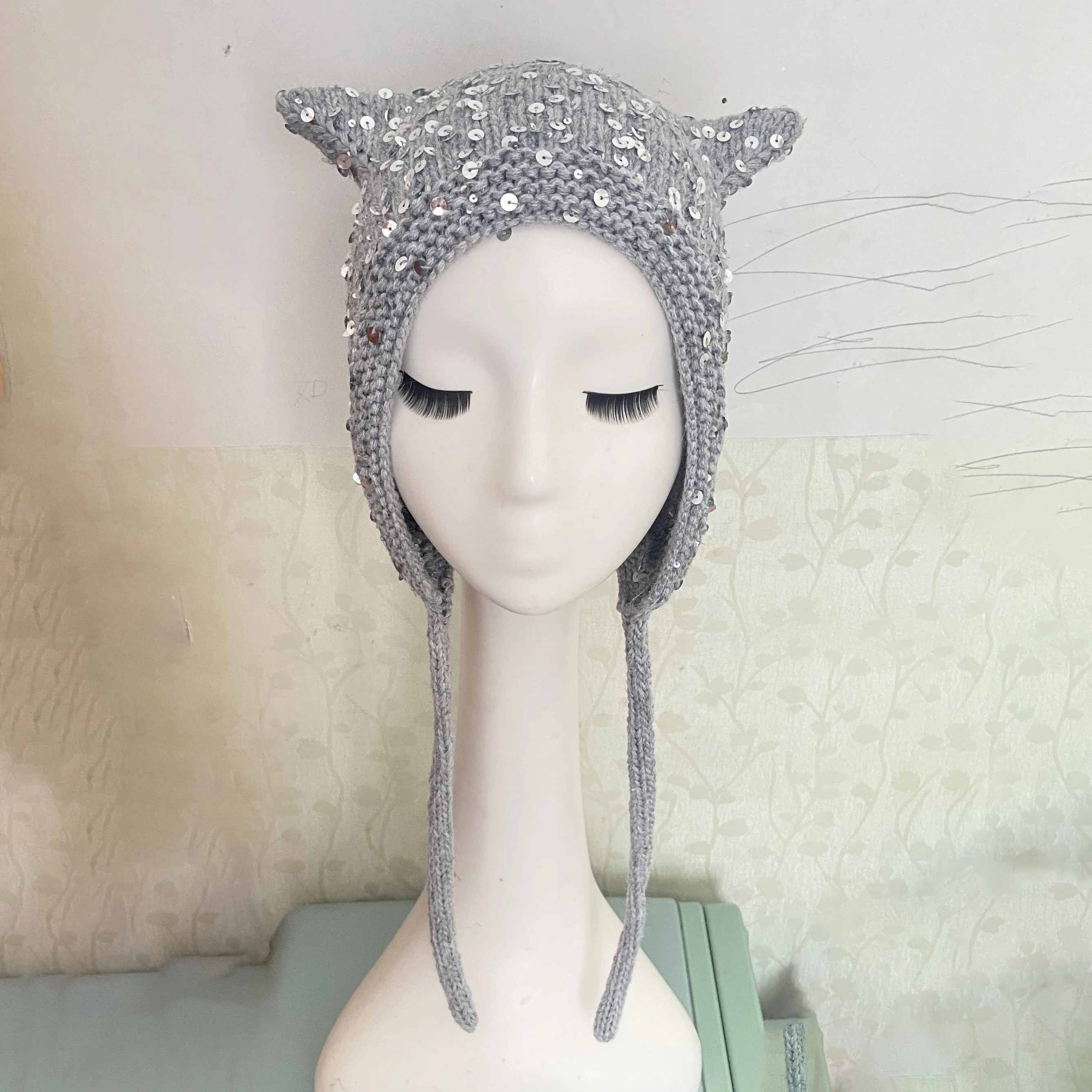 Y2K Sequin Devil Horn Knit Hat Women Winter Ear Flap Beanie Hat With Strap Gothic Cat Ear Warm Knitted Bonnet Streetwear