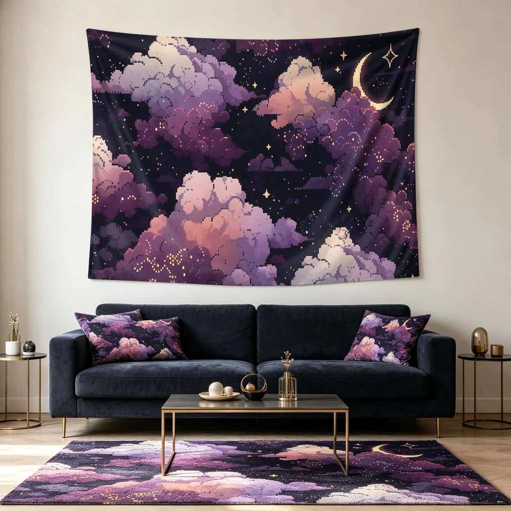 1PC Pixel Moon Cloud Starry Print Backdrop Banner, Bedroom Living Room Photo Background, Polyester, Home Decor, Wall Art