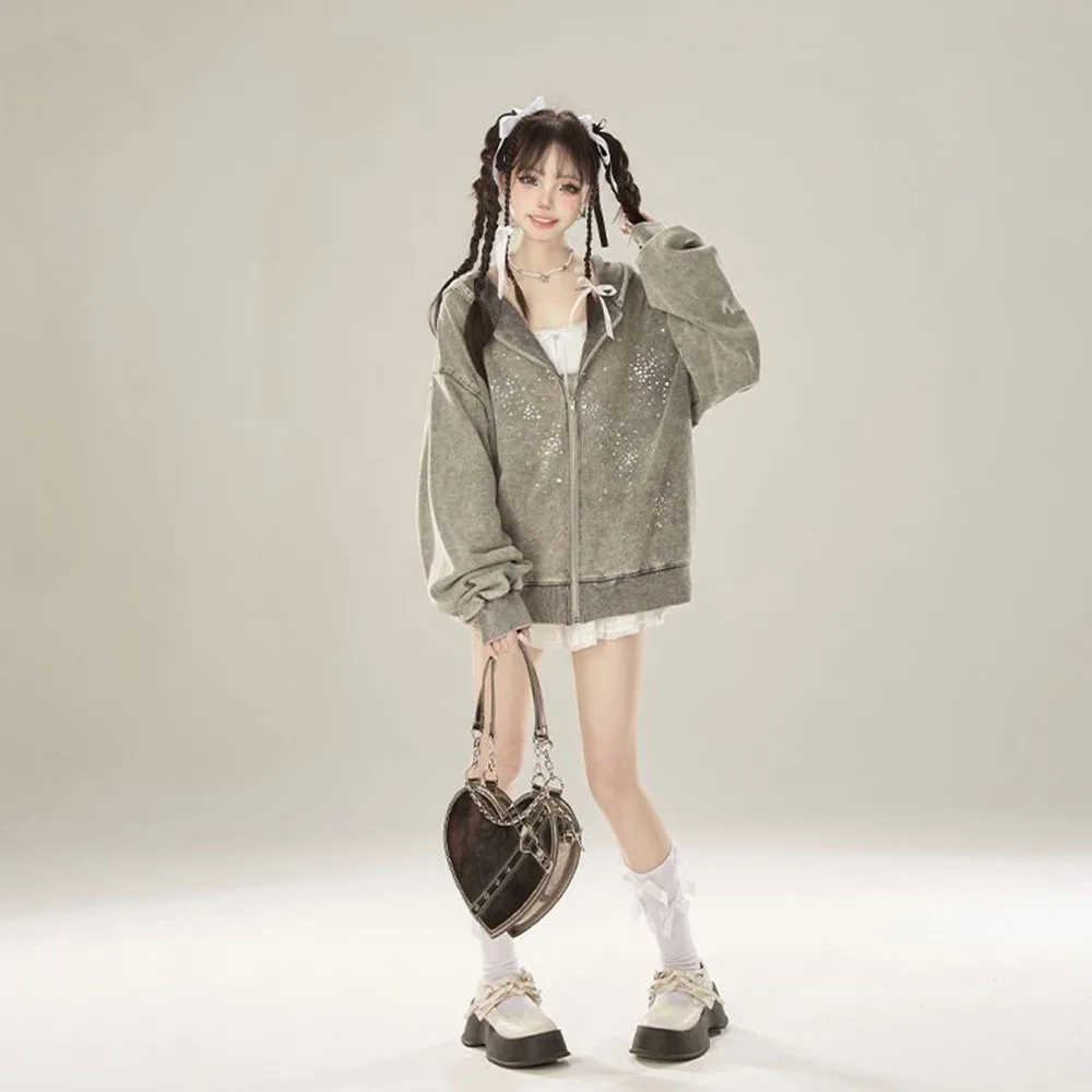 Casual Women\'s Sweatshirts 2024Spring Autumn Loose-fit Korean Style Shinny Gray Hoodies Fashion y2k Clothes Female Hooded Jacket