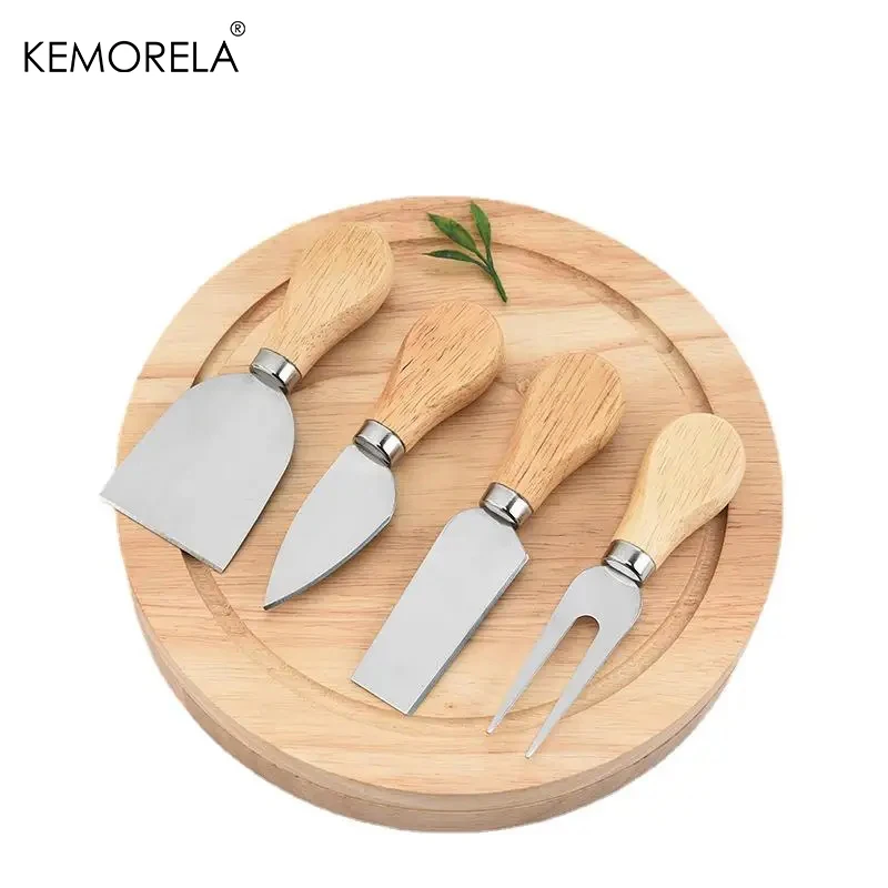 Cheese Board And Knife Set wood Round Charcuterie Board Set Serving Tray Cheese Cutting Board Includes 4 Stainless Steel Knife