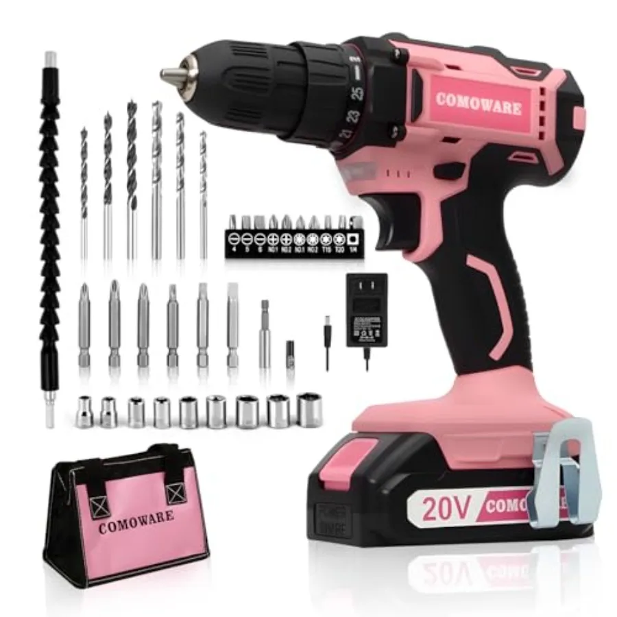 

Cordless Drill Set 20V Pink Power Drill Set for Women 1 Battery and Charger 3/8" Keyless Chuck 2 Variable Speed 266 In