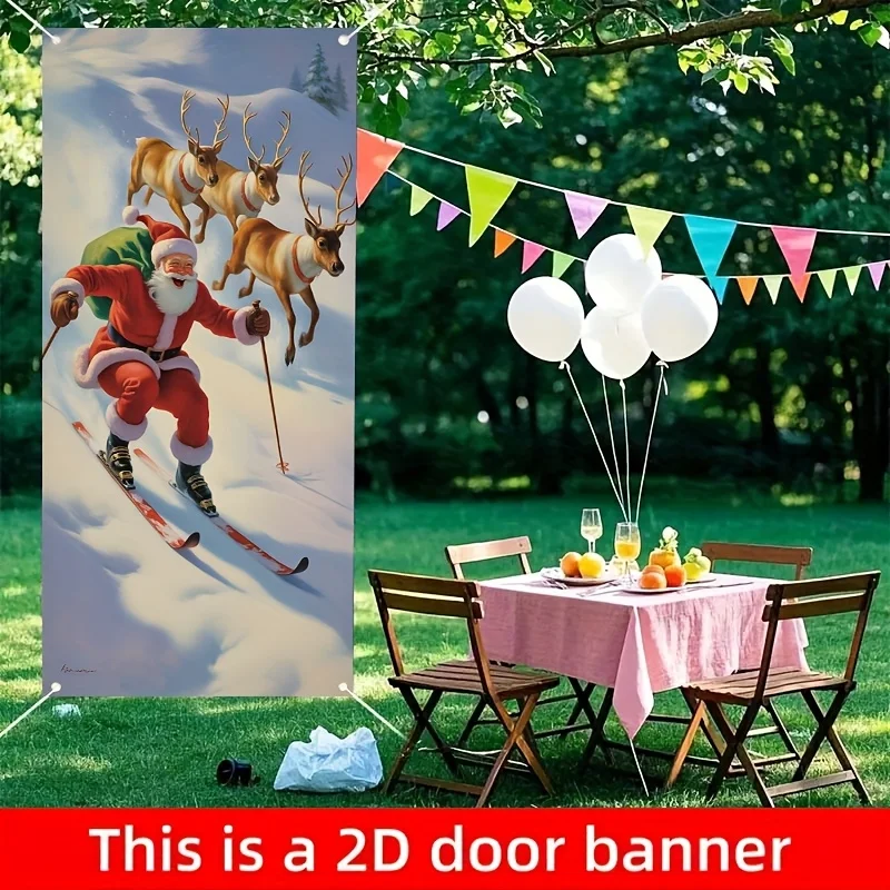 1pc2D door decoration painting, photo booth props, Santa Claus ski theme door curtain
