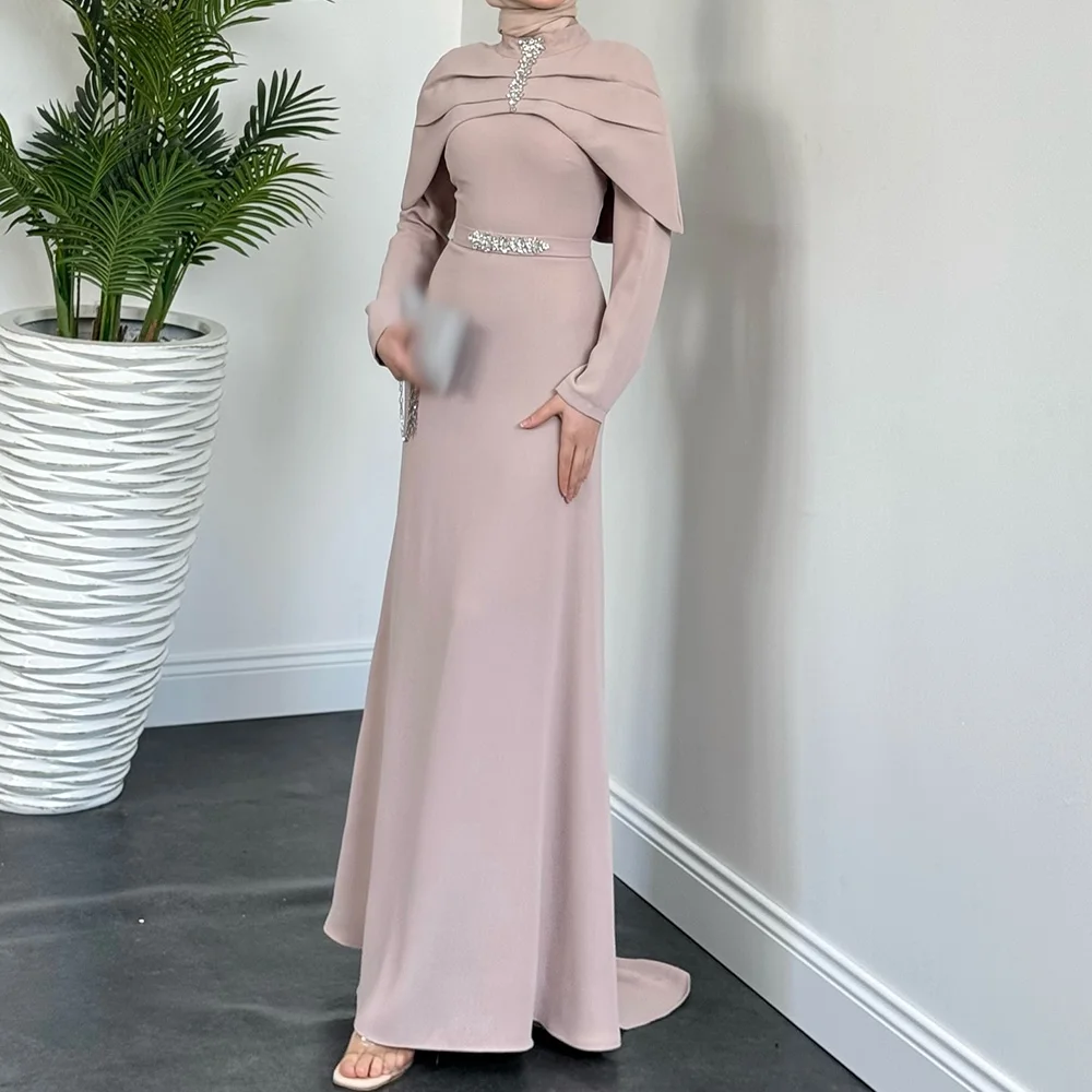 

Customized A-Line Prom Dresses Floor-Length High-Neck Full Sleeve Evening Gown Fashion Crystal Stole Simple Draped Party Gown