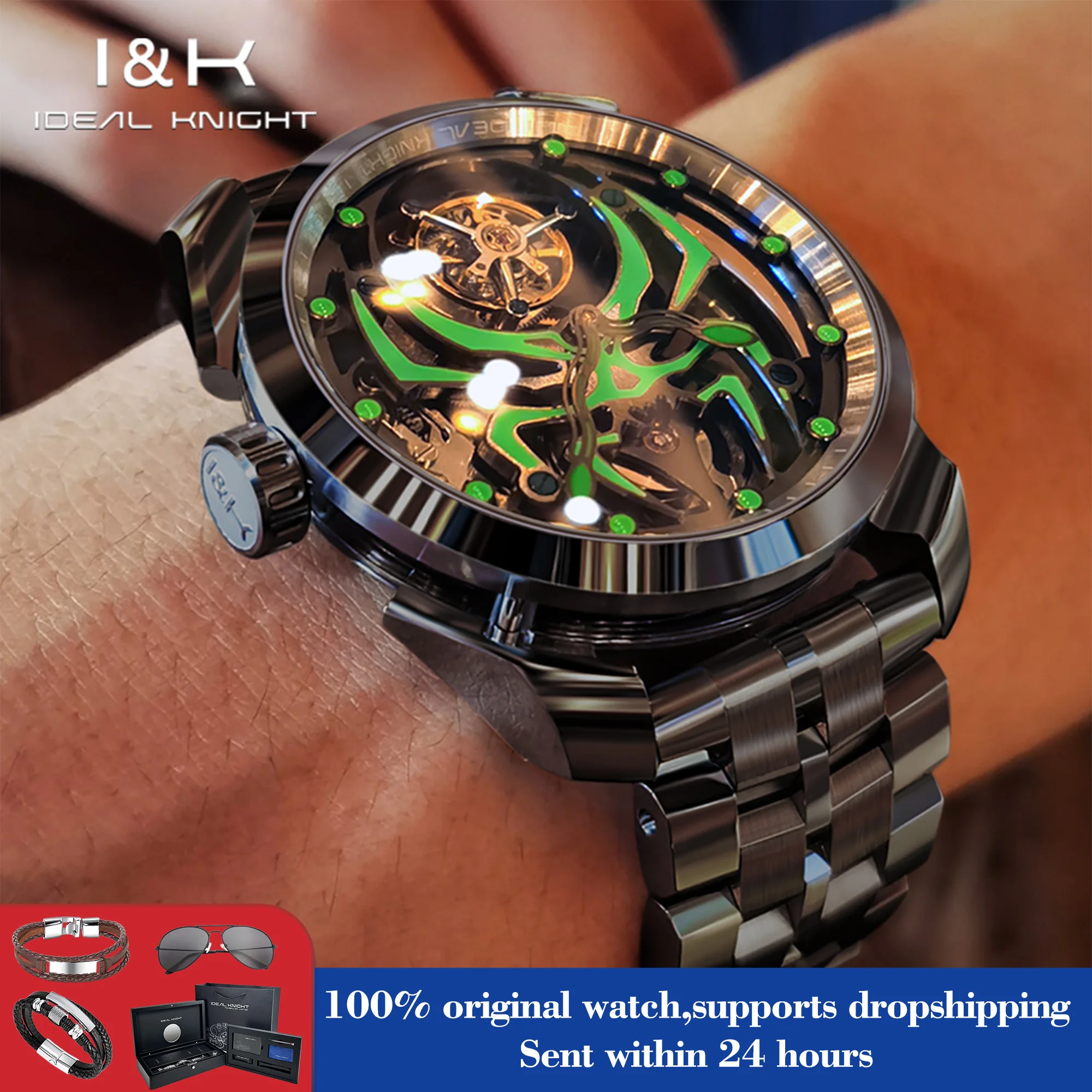

IDEAL KNIGHT 6802 Tourbillon Watch Men Luminous Spider Hollow Skeleton Mechanical Watch For Men Deep Waterproof Fashion Clock
