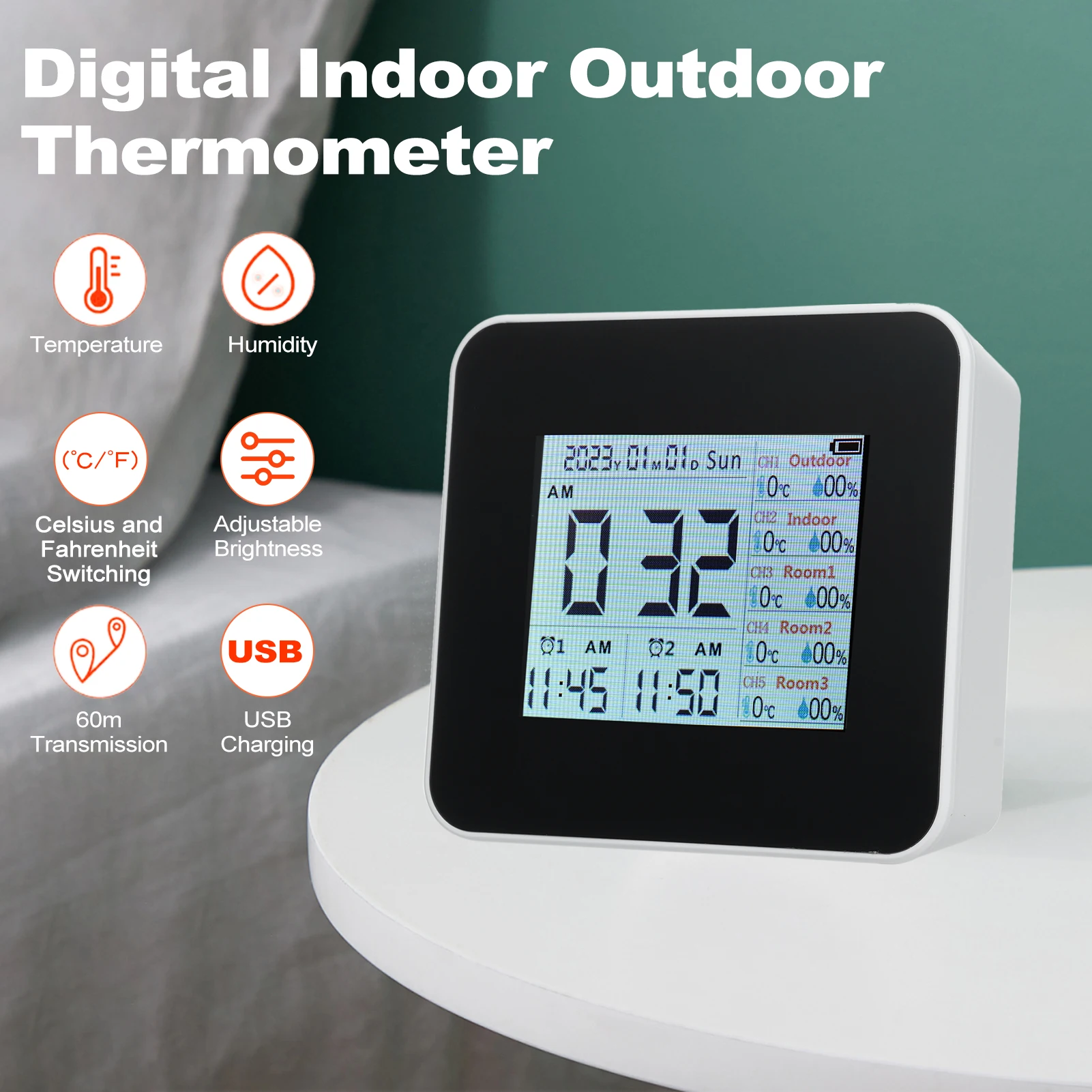 デジタル湿度計室内温度計 5 リモートセンサー天気時計ワイヤレス温度湿度モニターゲージ 60 メートル範囲