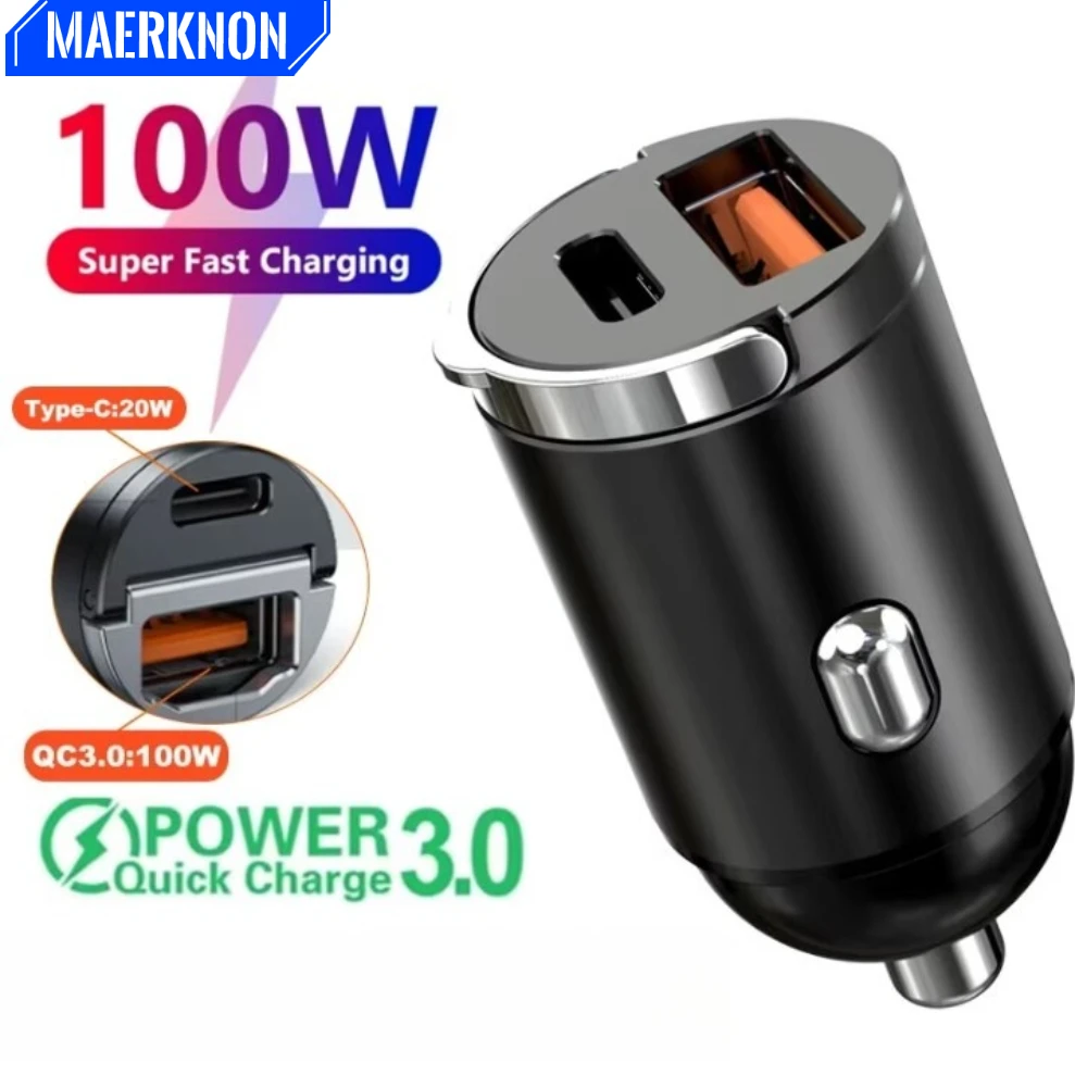 

100W Type C Dual Ports Fast Charging Car Charger USB QC3.0 Car Phone Charger Car Cigarette Lighter Plug For iPhone Xiaomi Huawei