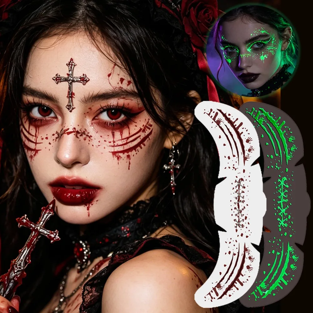 Luminous Halloween Face Bloodstain Tattoo Sticker Water Transfer Printing Long Lasting Halloween Makeup Sticker Simulated DIY