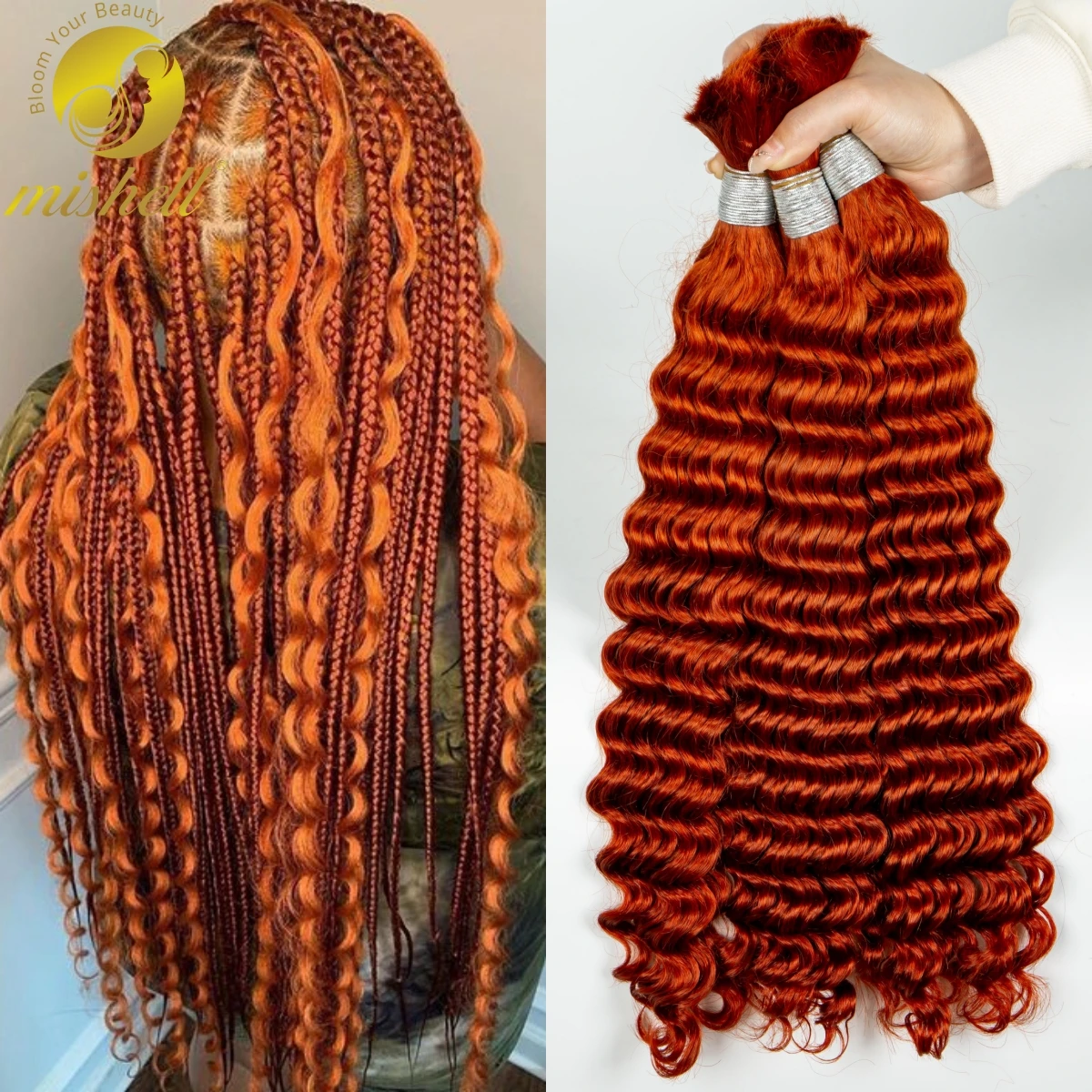 

1 3 4 Bundles 26 28 Inch Curly Braiding 350# Ginger Orange Hair Deep Wave Human Hair Bulk for Braiding No Weft 100% Virgin Hair