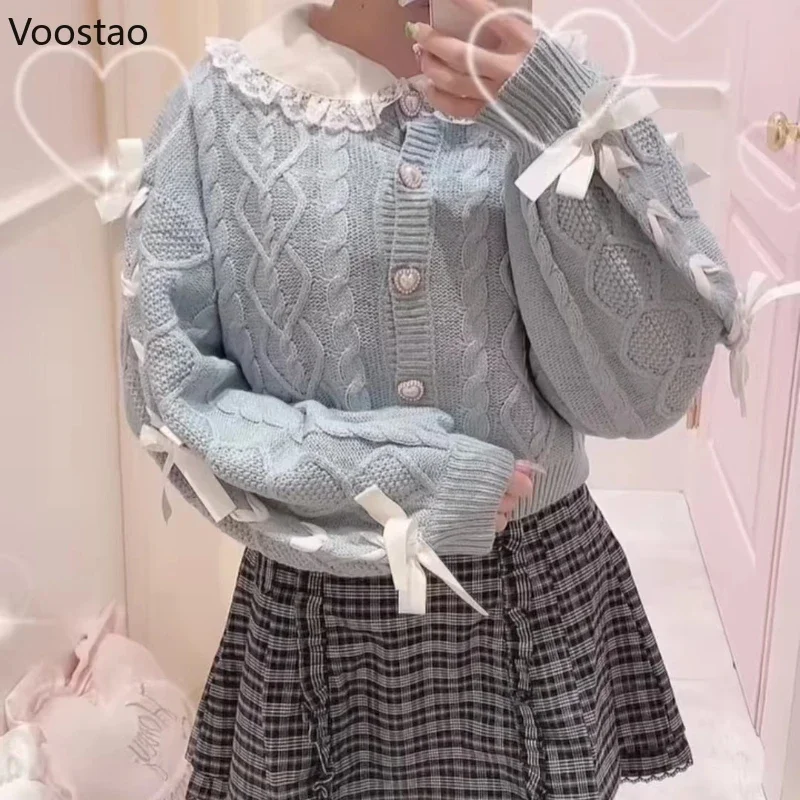 Japanese Sweet Lolita Style Knitted Cardigan Women Casual Long Sleeve Ribbon Hearts Button Sweater Coat Female Y2k Knitwear Tops