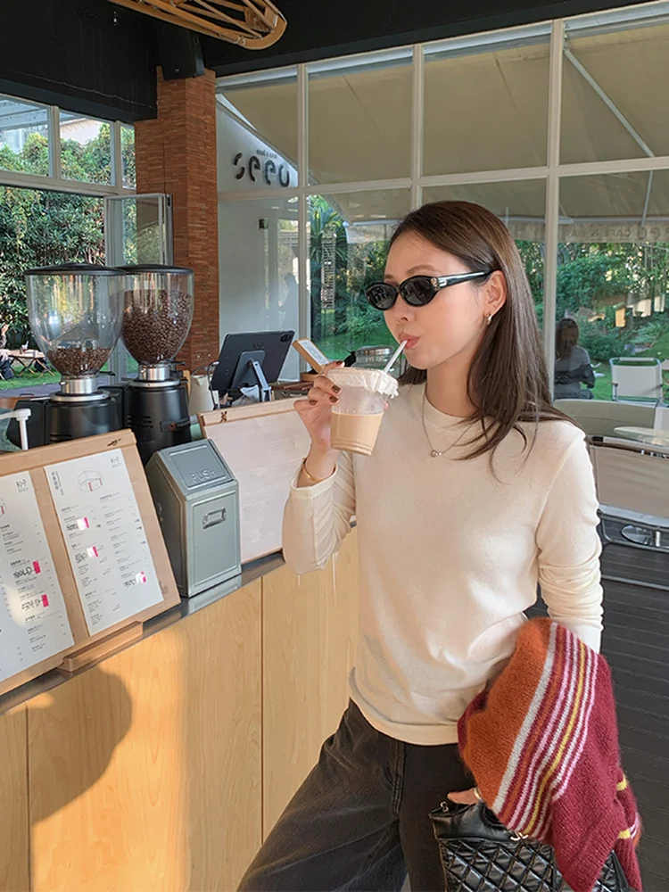 

Женская мягкая, приятная к телу базовая футболка из утолщенной шерсти и шелка с длинным рукавом и круглым вырезом, повседневная, бежевая