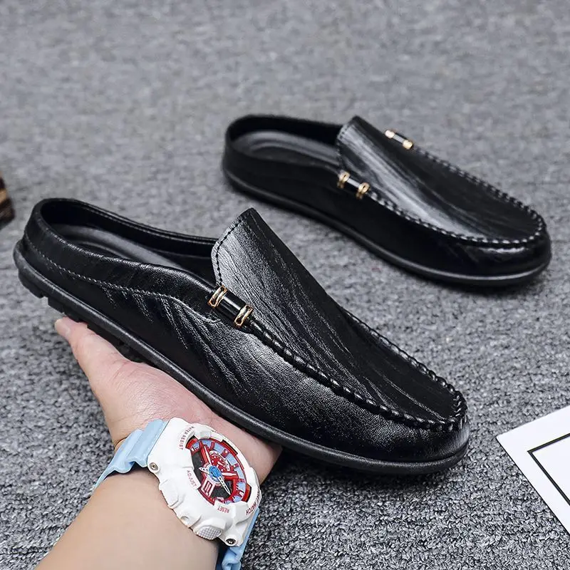 Half Men\'s Shoe Leather Male Slipper Slides Outdoor Mules Flat 2024 Fashion Adult Elegant Fun Mascullino Style Casual Trend Eva