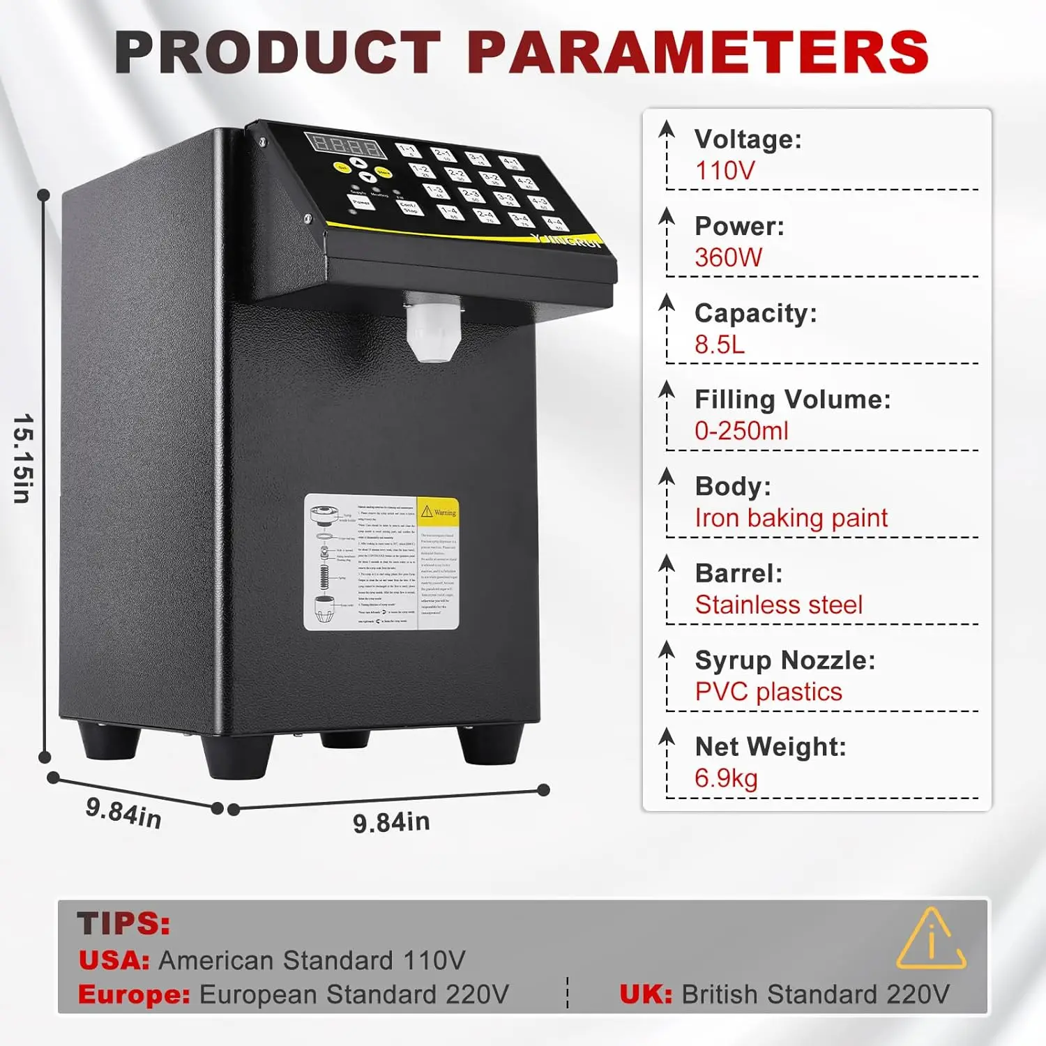 Dispenser di fruttosio da 8,5 litri, 110V, 16 gruppi, Dispenser di fruttosio per Bubble Tea, distributore automatico di fruttosio