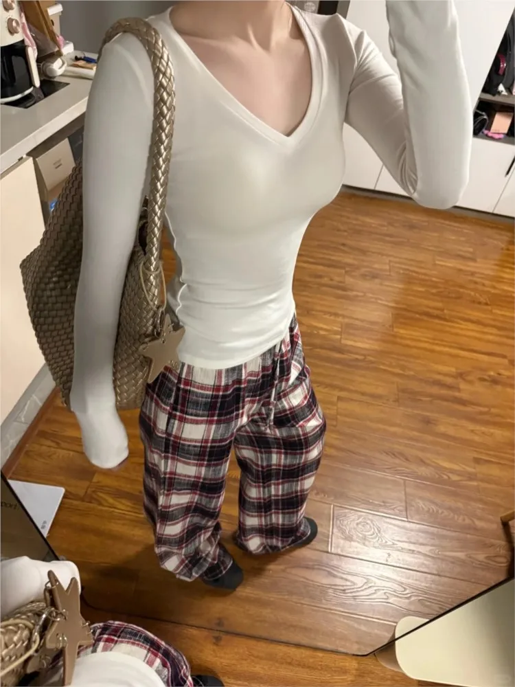 

Vintage Red Plaid Drawstring Straight Pants Women Casual Elastic High Waist Pant Loose Chic Preppy Style Y2K Baggy Sweatpants