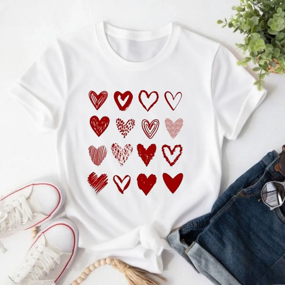 

Heart Shirt Valentines Day T-Shirt for Women Short-sleeve Fashion Casual Clothes Streetwear High Quality Cotton Tops